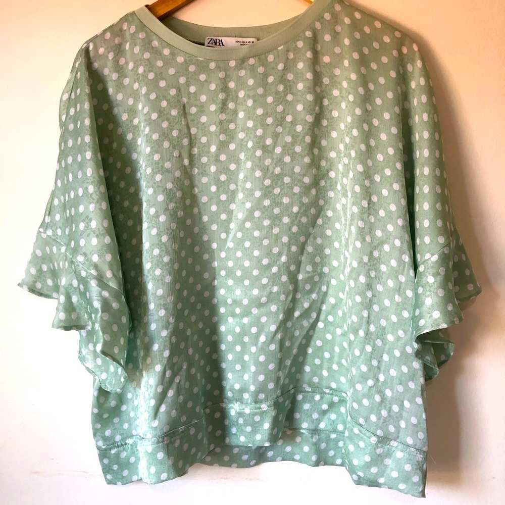 Zara Mint Green Polka Dot Blouse with White Dots